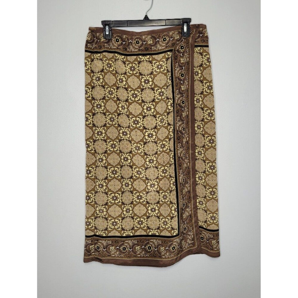 Vintage Sag Harbor tan yellow geometric mixed print wrap midi skirt size 12